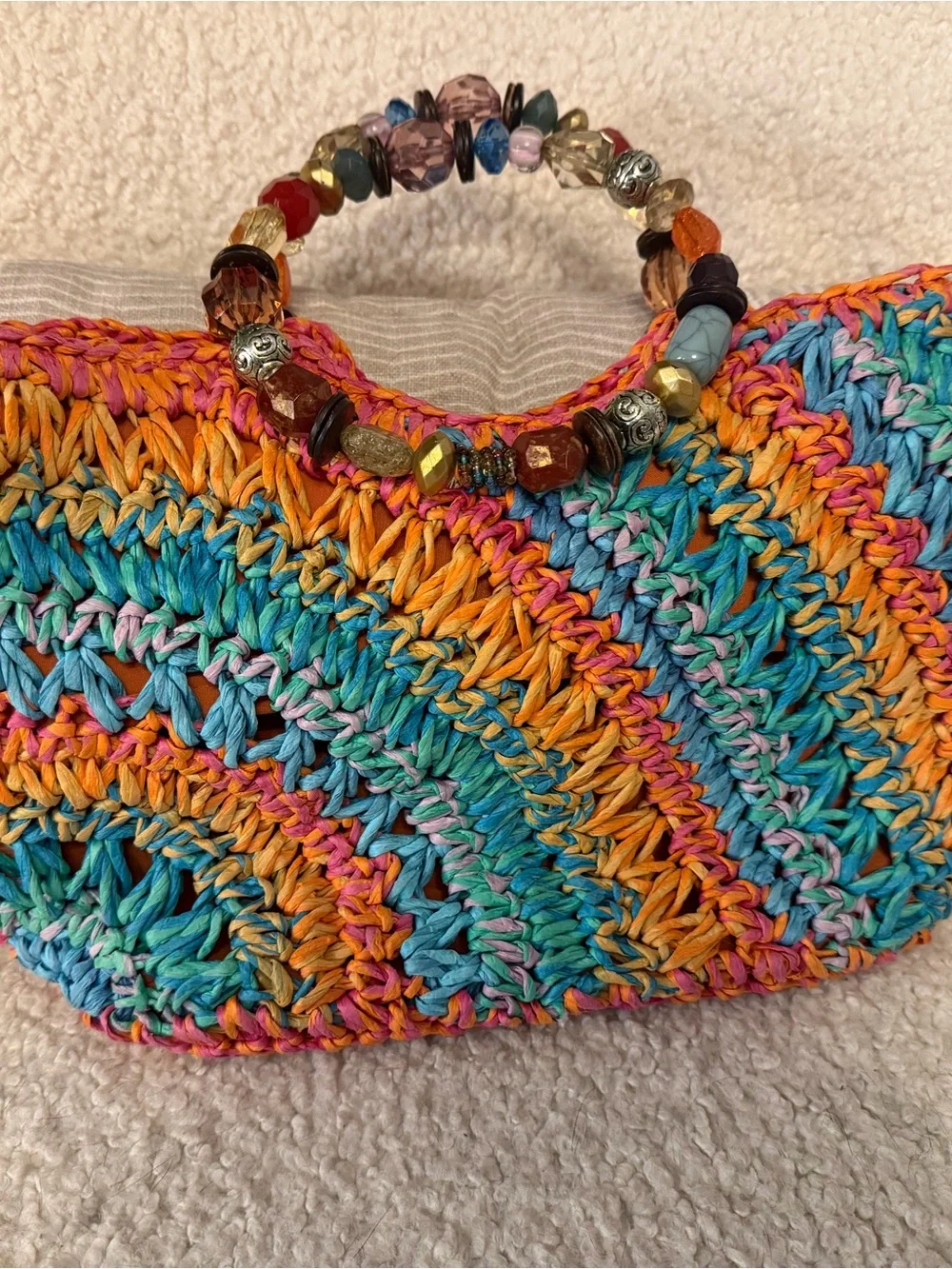 Multicolor Crochet Beach Tote with Beaded Handle